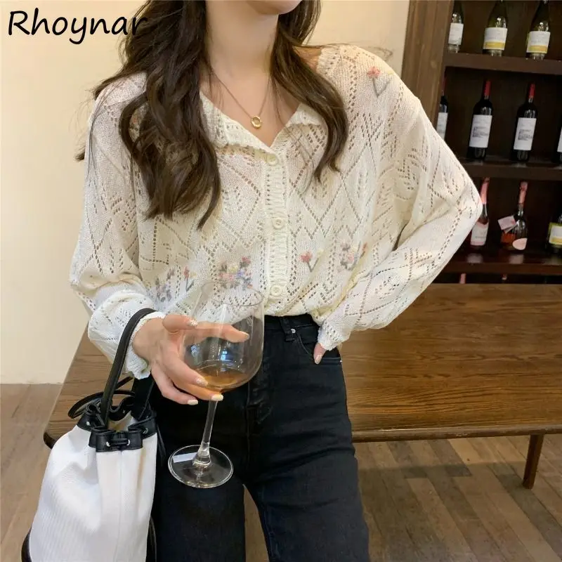 

Cardigan Women Sweaters Floral Knitted Single Breasted Sweet Style Hollow Out Tender Schoolgirls Stylish Lovely Popular Femme