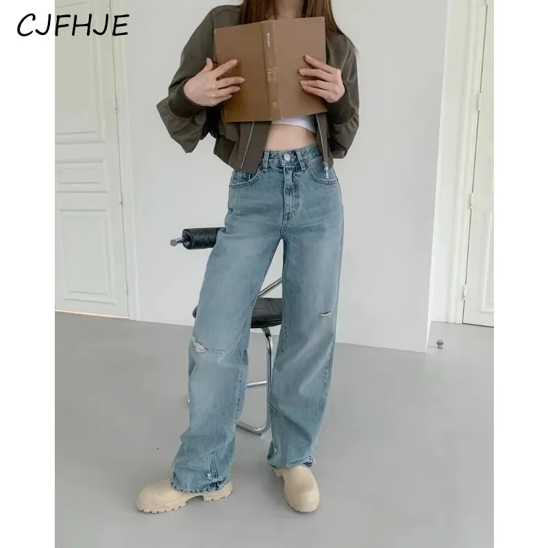 

CJFHJE Новые мешковатые джинсы, женские классические корейские модные синие прямые джинсовые брюки полной длины с широкими штанинами в стиле ретро, уличная одежда
