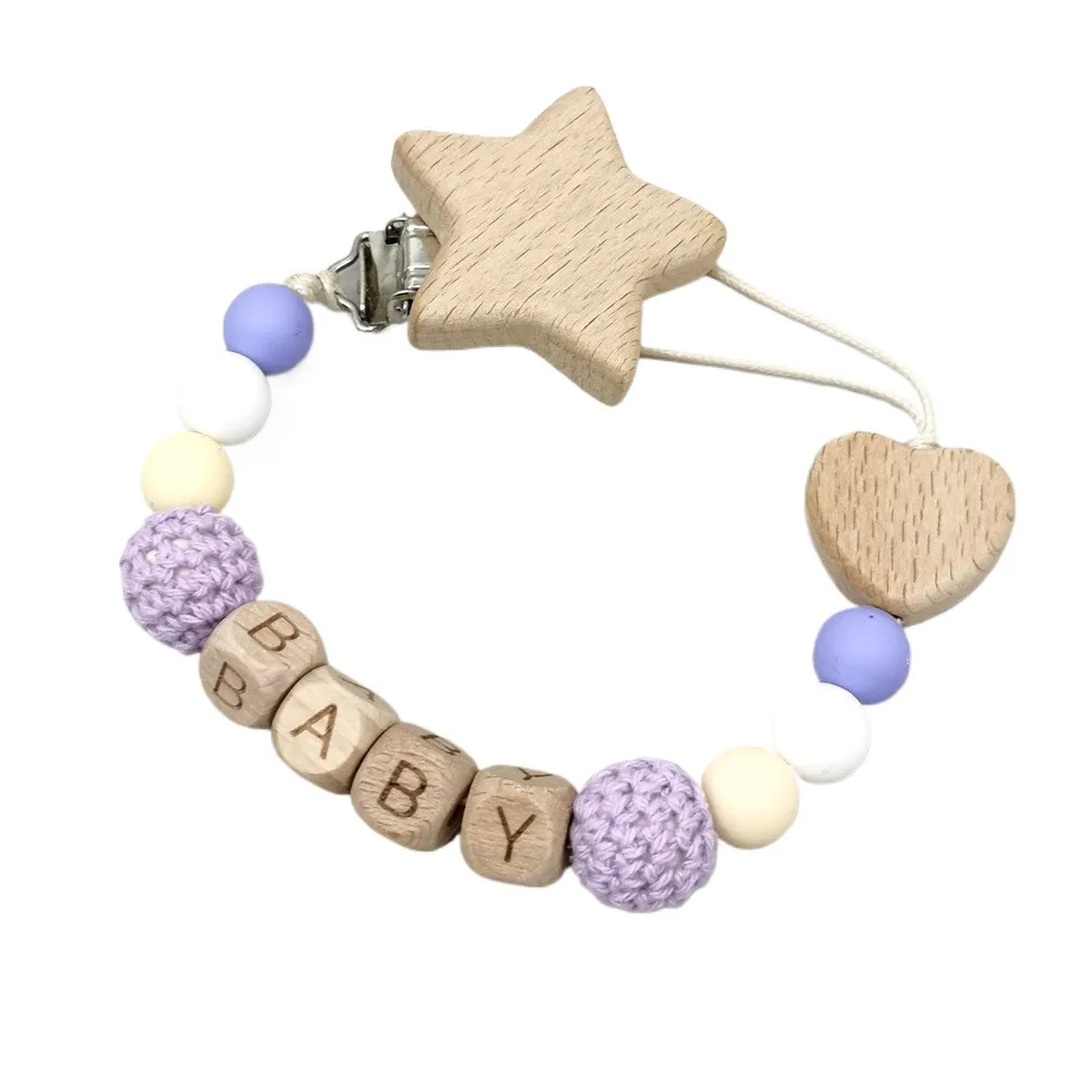 Personalized Name Baby Pacifier Clips Wooden Star & Heart Beads, Colorful Crochet Beads, Anti-Drop Soother Holders