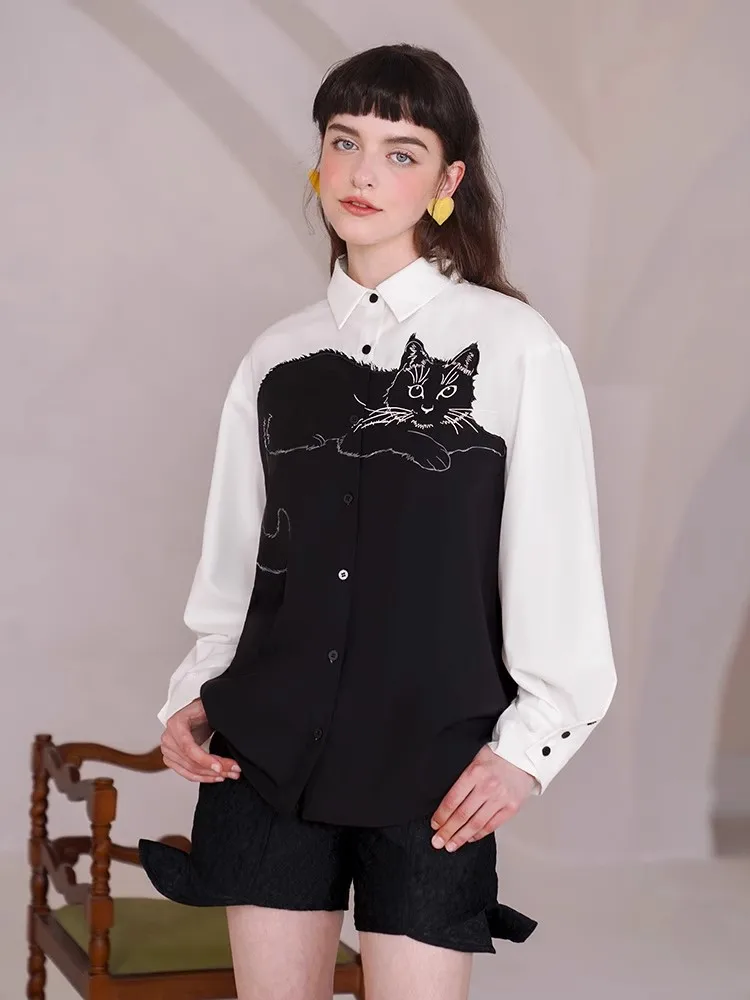 Kitten Embroidered Shirt for Women, Patch Design, Spring and Autumn, New Arrival