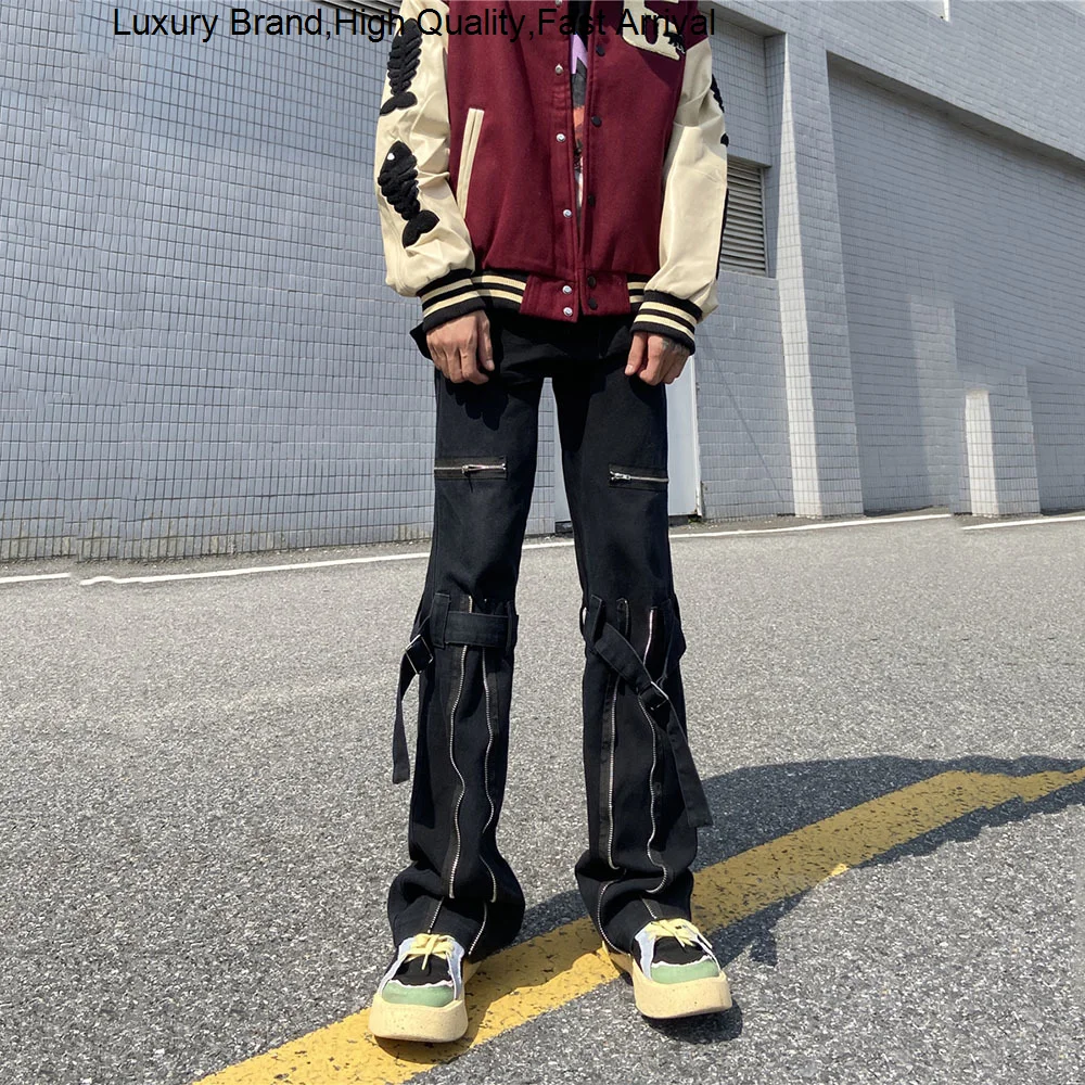 

Men's Emo Y2K Clothes Black Streetwear Gothic Wide Leg Denim Cargo Pants Harajuku Baggy Techwear Trousers Ripped Jeans Flared