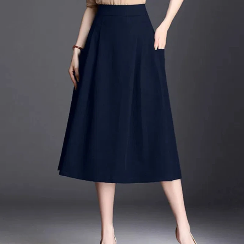 New Spring and Summer Women's Solid Colors High Waist Elastic Loose Pockets Classic A-Line Trendy Comfortable All-match Skirt