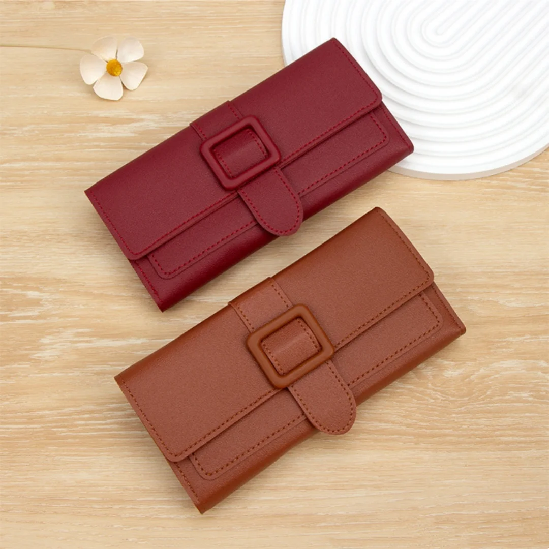 Fashion Women Long Wallet PU Leather Tri-Fold Clutch Buckle Money Bag Multi-card Slot Ladies Card Holder Zipper Coin Purses