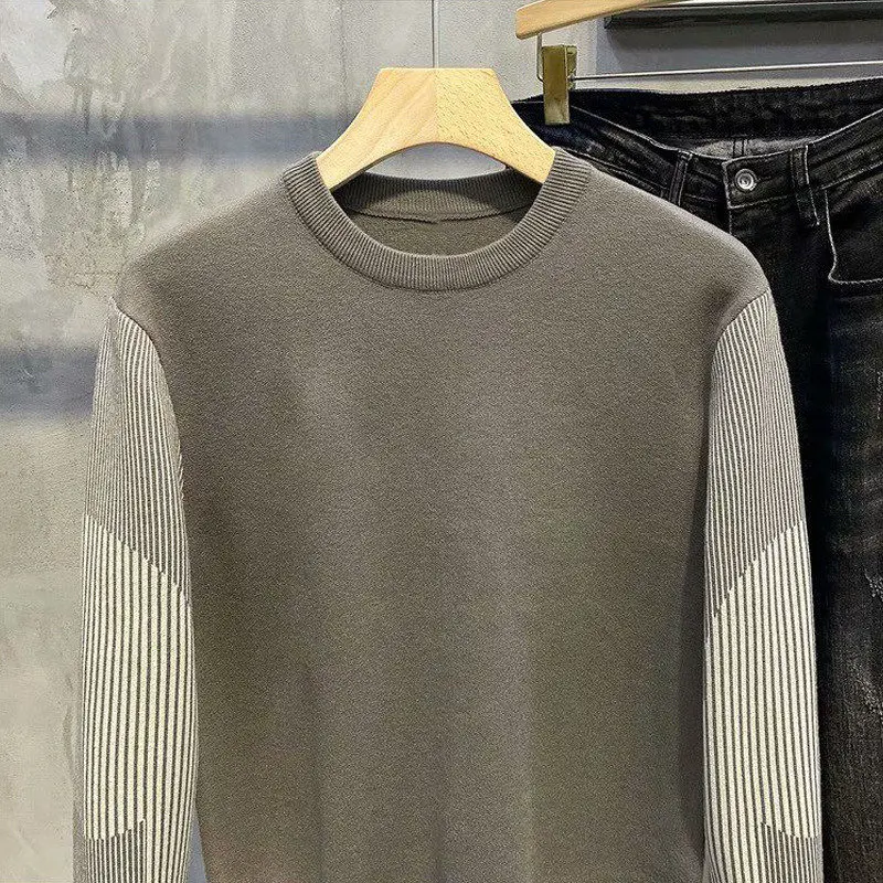 2022 Autumn Winter New Men's Fashion Korean Long Sleeve Striped Patchwork Knitted Sweater Business Casual Knitwear Pullover Tops