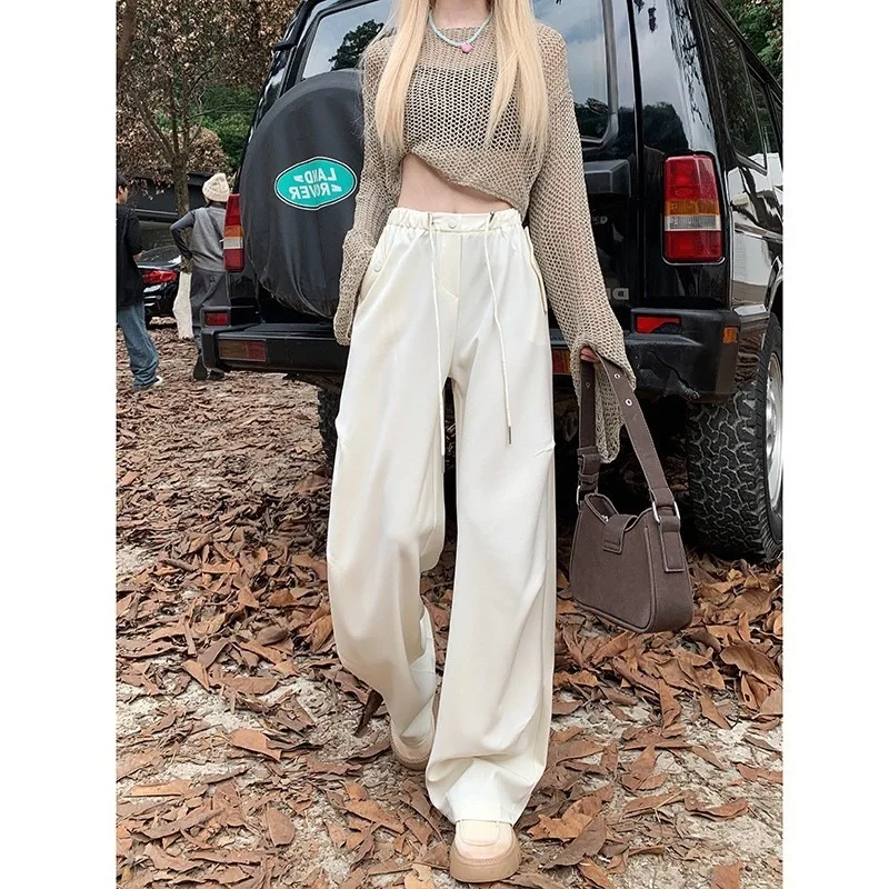 Korean Internet Celebrity Personalized Work Pants for Women with Elastic Waist Drawstring Straight Tube Casual Loose Wide Leg 3