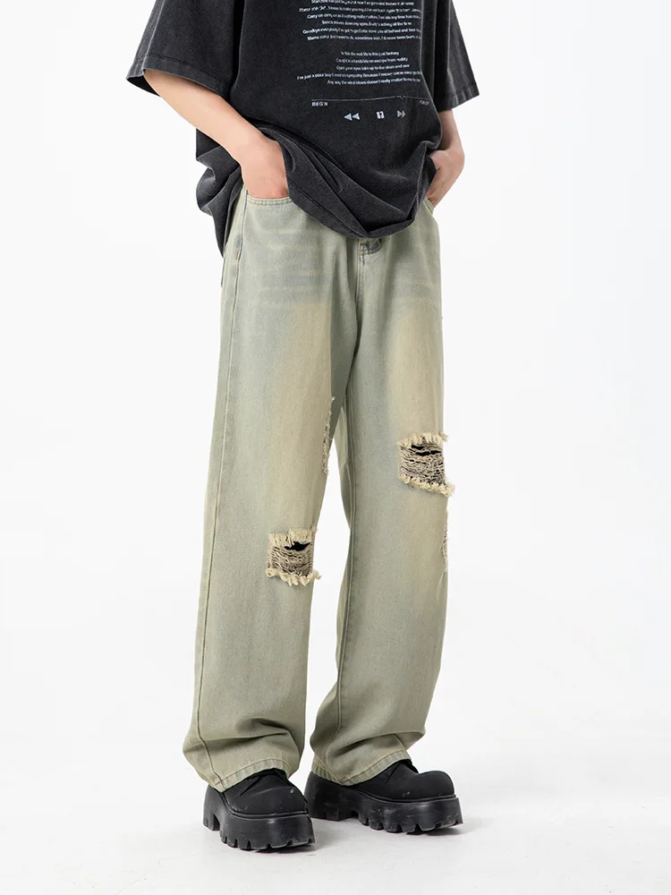 2024 Spring/Summer New Men's Vintage Washed Worn Out Jeans Men's Loose Japanese Straight Leg Micro Wide Trendy Brand Denim Pants