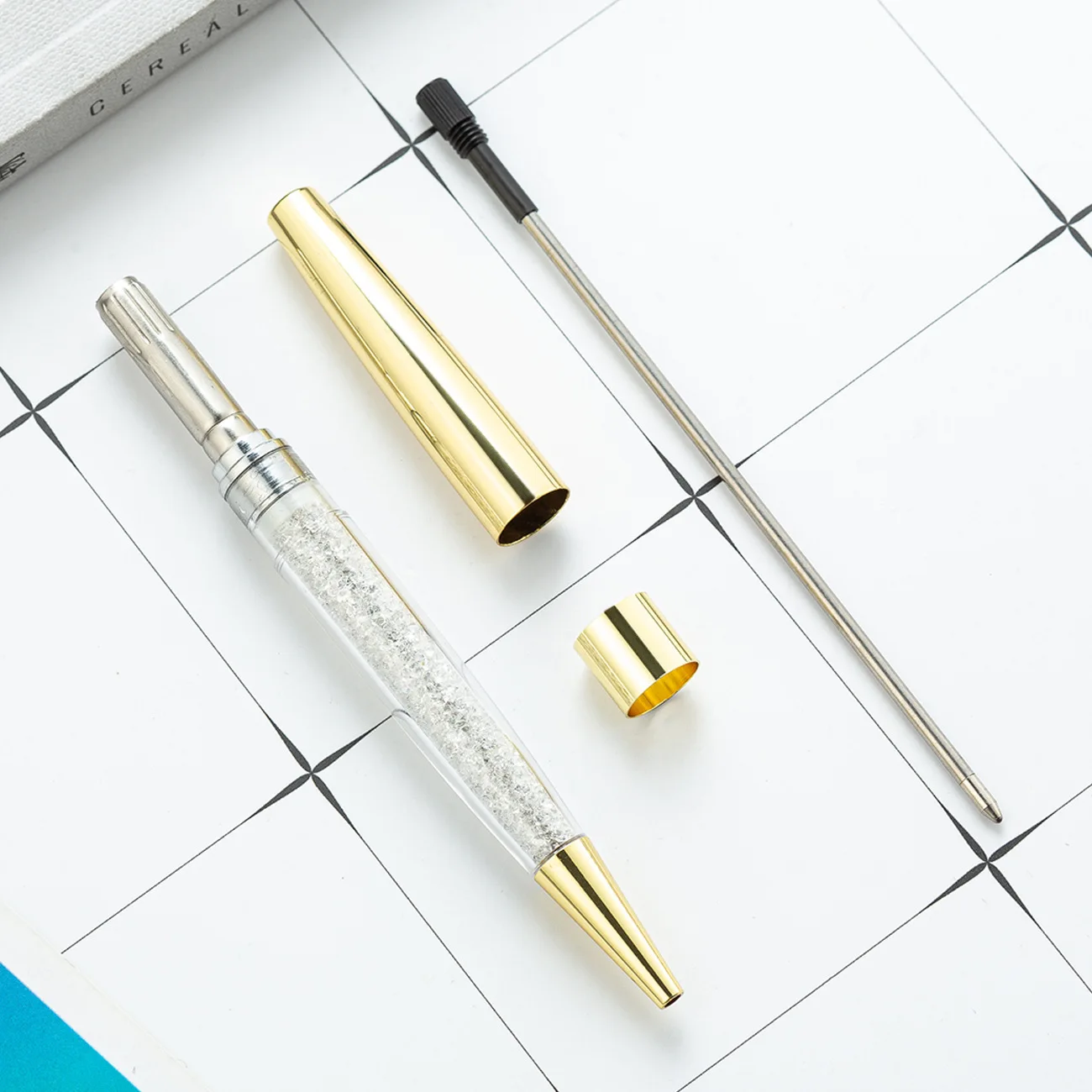로즈 골드 블링 다이아몬드 블랙 잉크 크리스탈 볼펜 반지, 웨딩 사무실 금속 롤러 볼 선물, 맞춤 로고, 100 개/로트