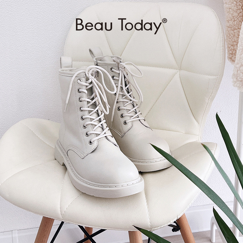 BeauToday Platform Boots New Arrival Women Cow Leather Lage Size Ladies Warm Lace-up  Zipper Shoes for Winter E04218