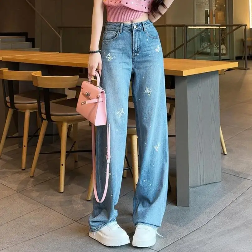 

Тяжелая промышленность Лидер продаж женские джинсы 2024 Новые прямые брюки с высокой талией женские повседневные брюки w1024