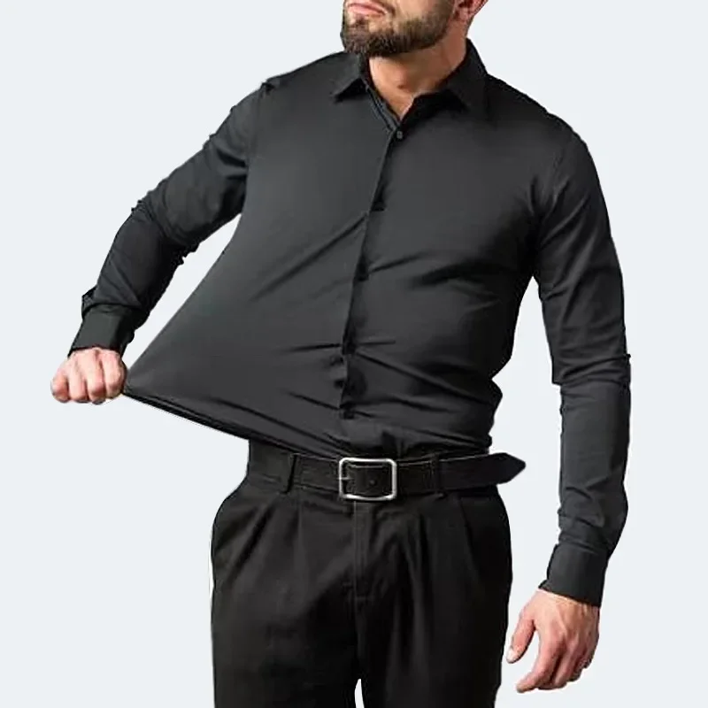 

2023 High Elasticity Men Long Sleeve Top Quality Satin Face Slim Casual Base Shirt Social Contact Formal Dress Shirts Plus Size