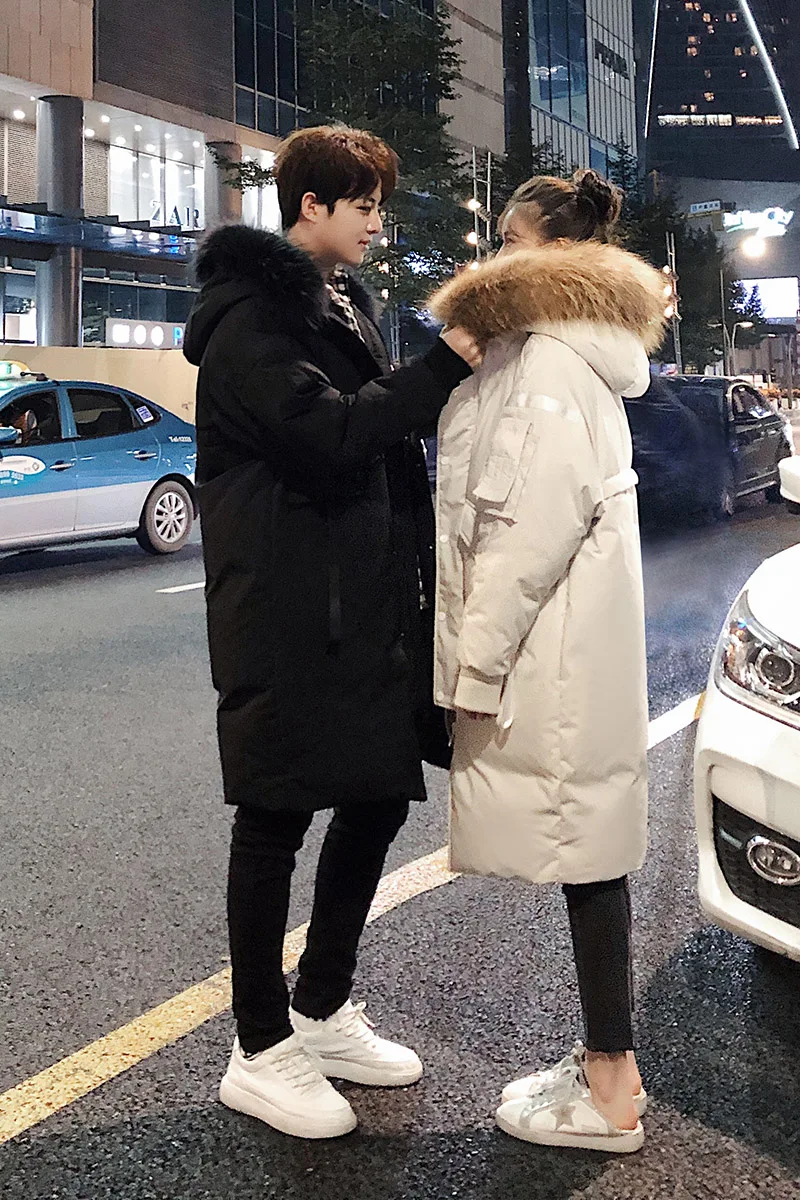 Mid-Length Couple down Jacket off-Season New Hooded Fur Collar Fashion Loose Men's and Women's Warm Coat Fashion