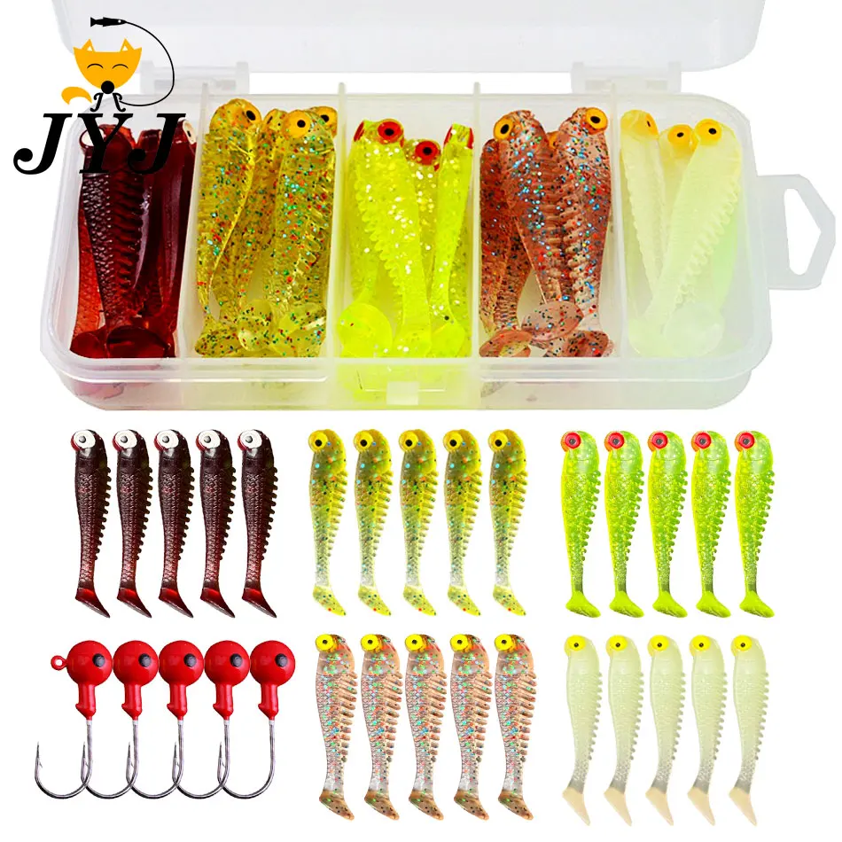 

JYJ box package 7cm 5.5cm Soft Lure Kit Soft grub bait Fishing Lure Jig Head Hook Fishing Hooks with Fishing Tackle