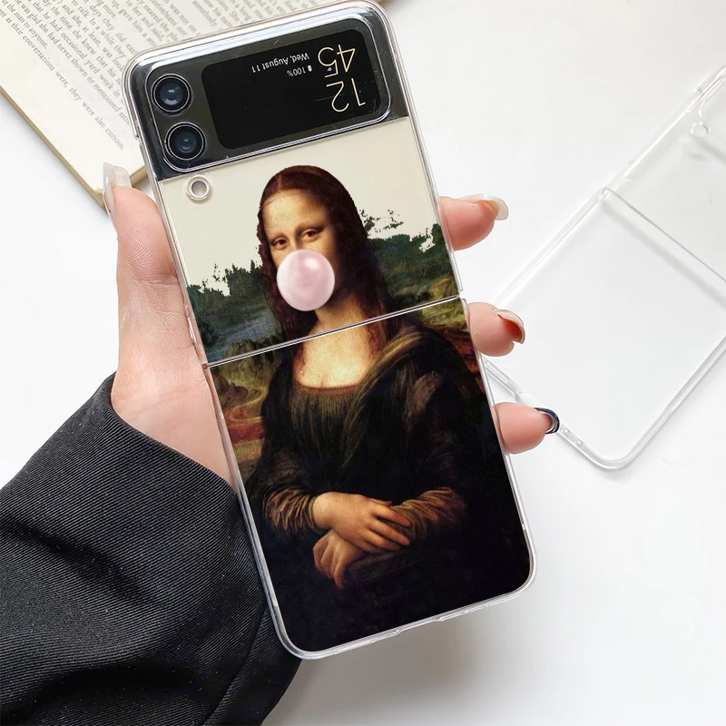Artistic Clear Hard Folding Phone Case with David & Mona Lisa Design