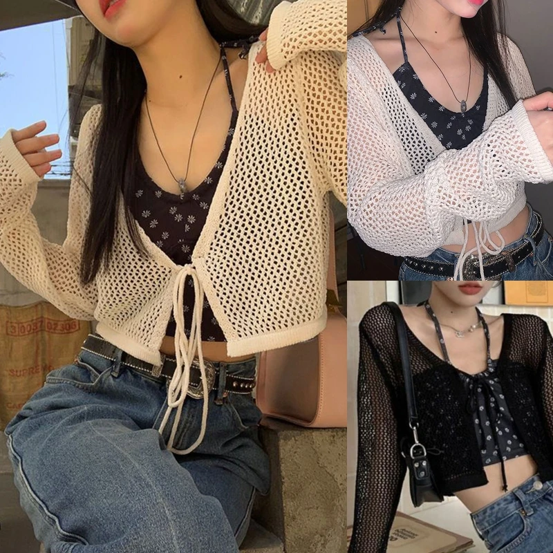 

Women V-Neck Lace-Up Front Long Sleeve Cardigan Crop Top Sheer Mesh Net Jacket Y1QD
