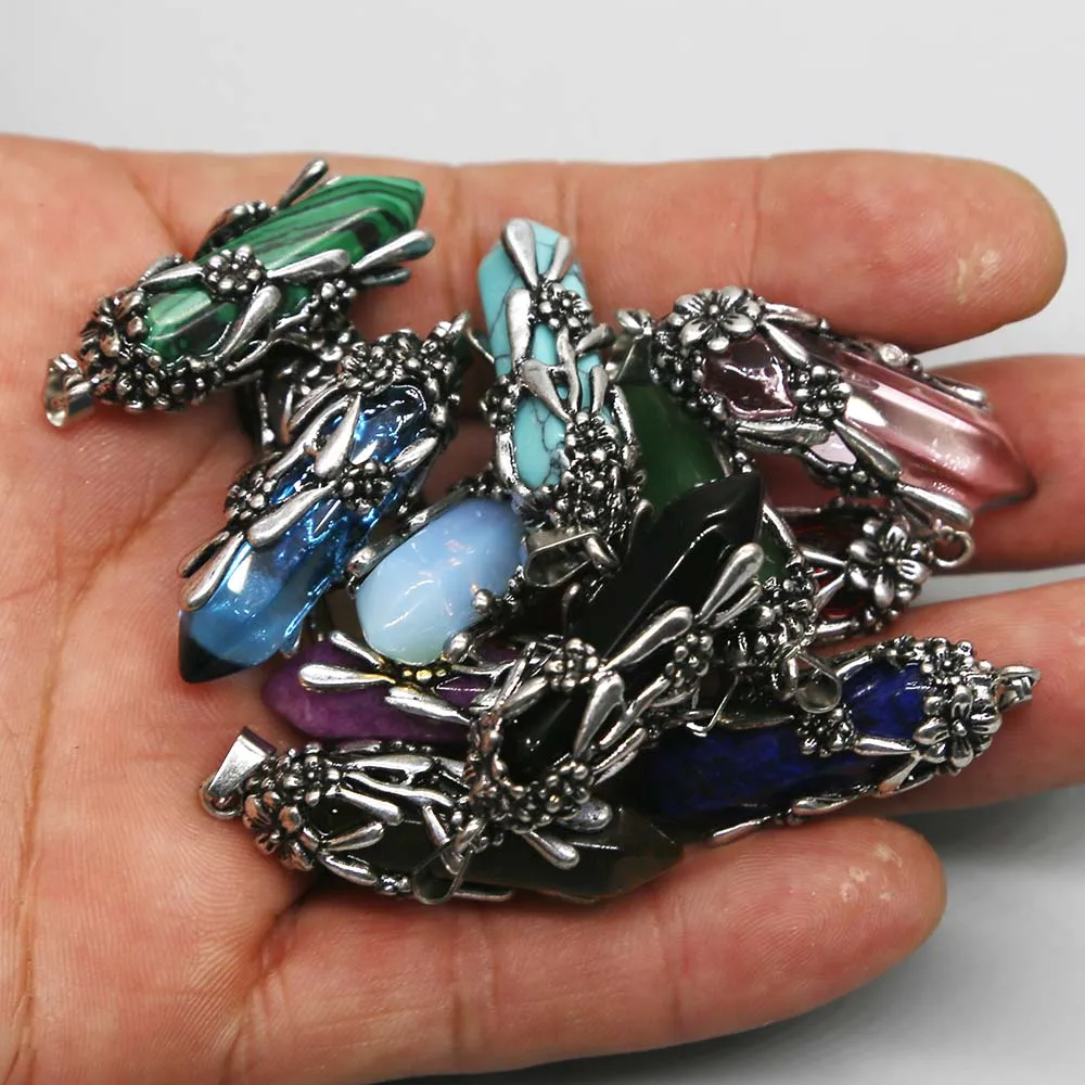 Natural Stone Double Pointed Hexagon Pillar Stainless Steel Flower Necklace Pendants Fashion Jewelry Accessories Wholesale 12Pcs