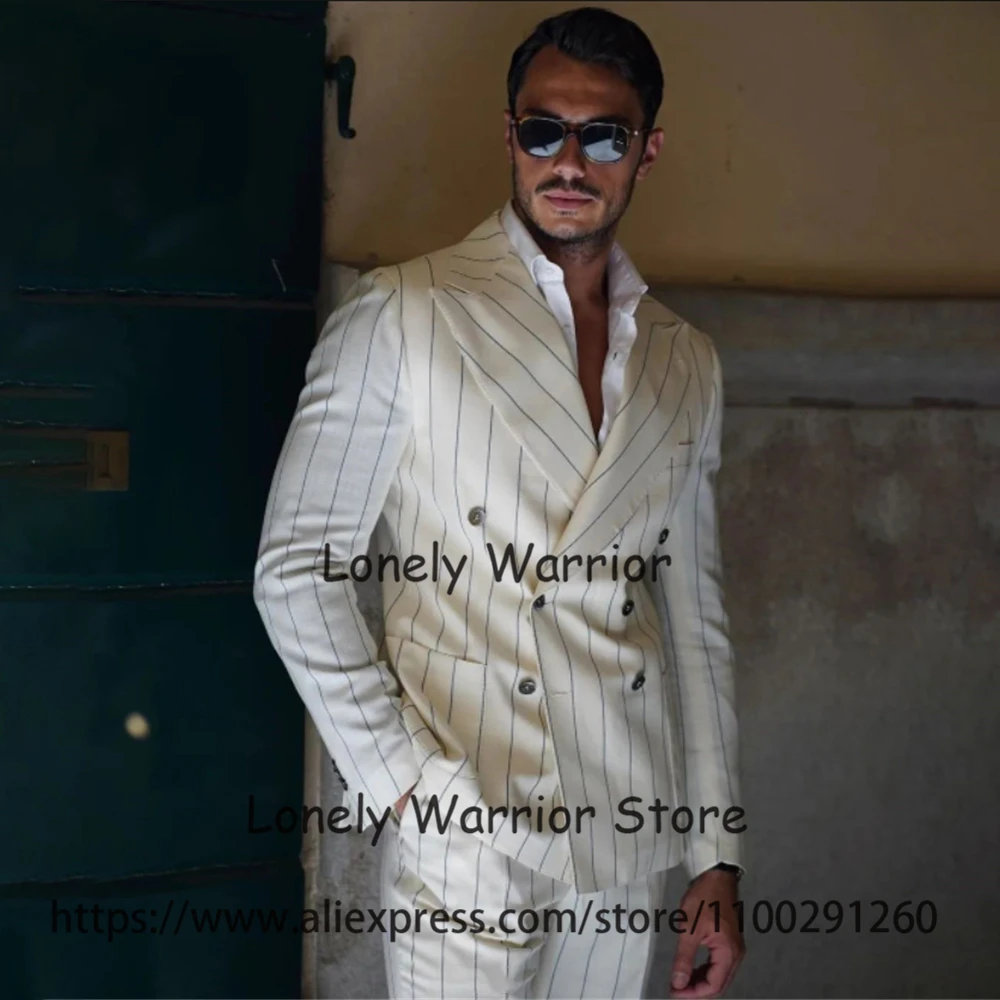 

Casual White Striped Mens Suits 2 Pieces Slim Fit Peak Lapel Business Blazer Double Breasted Wedding Groom Tuxedo Costume Homme