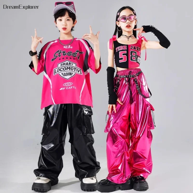 c-boy c-girl Y2K sports mix style 4点セット Girls Hip Hop Crop Top Shiny PU Leather Cargo Pants Boys T