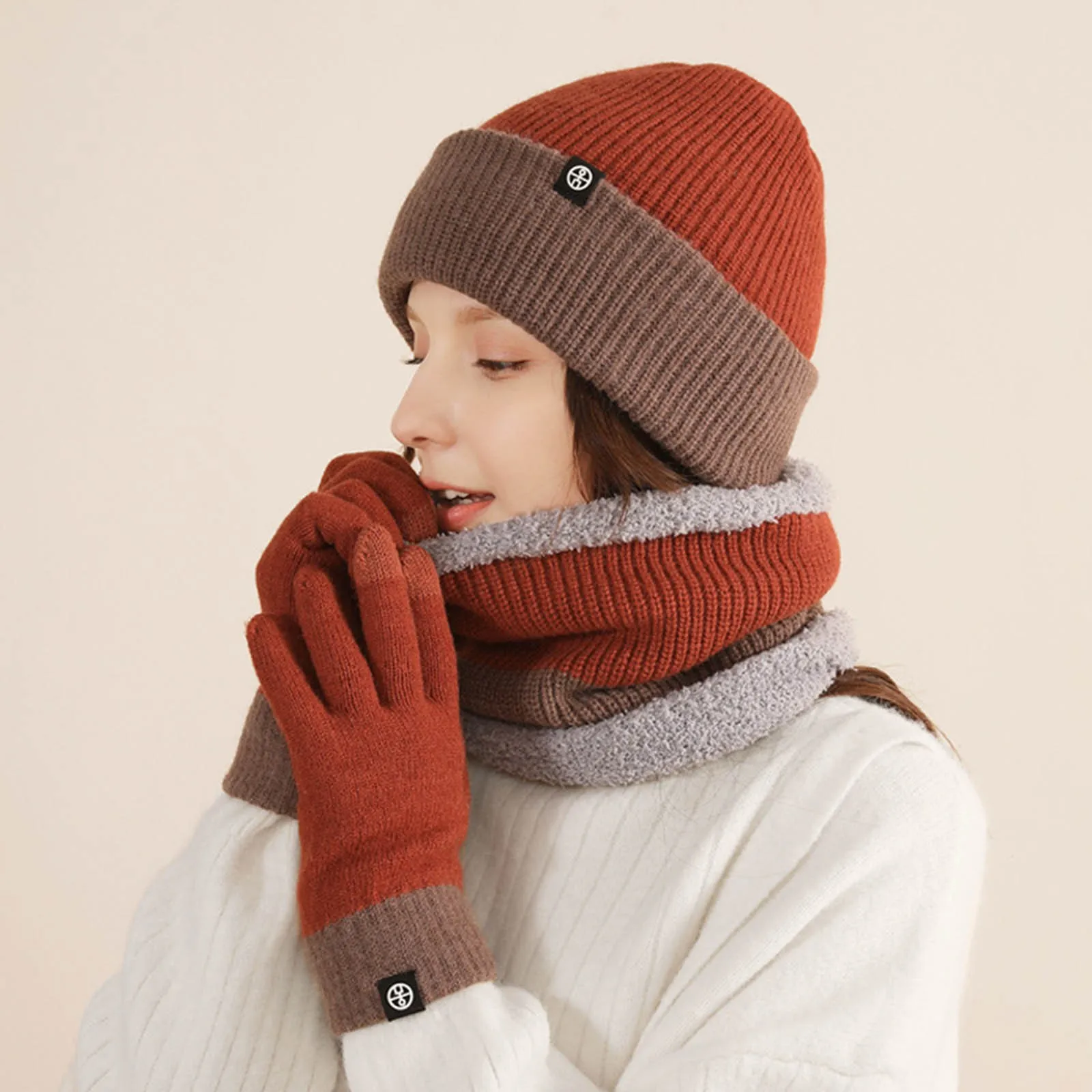 

Теплые вязаные перчатки шапка из трех предметов шарф шерстяные Двухсторонние цветные защитные наушники зимний костюм