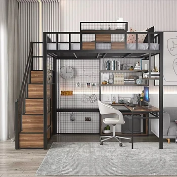 Customizable Metal Dormitory Bed Frame With High Bunk Desk & Bookshelf Custom Bedroom Furniture For Attic Or Loft Use