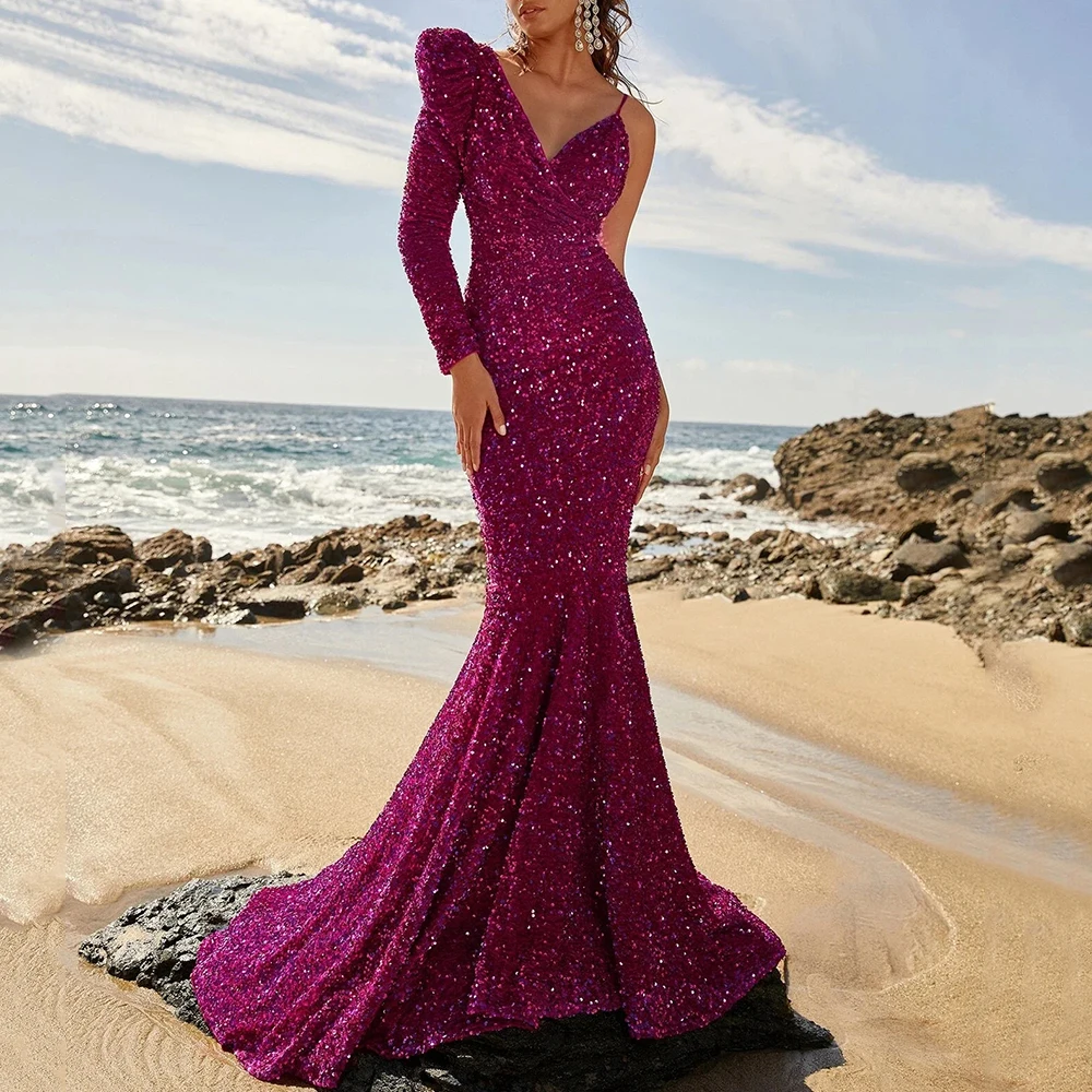 

Flechazo Exquisite Sequin Evening Dress V-Neck Asymmetrical Spaghetti Straps and Long Sleeves Mermaid Floor Length Ladies Gowns