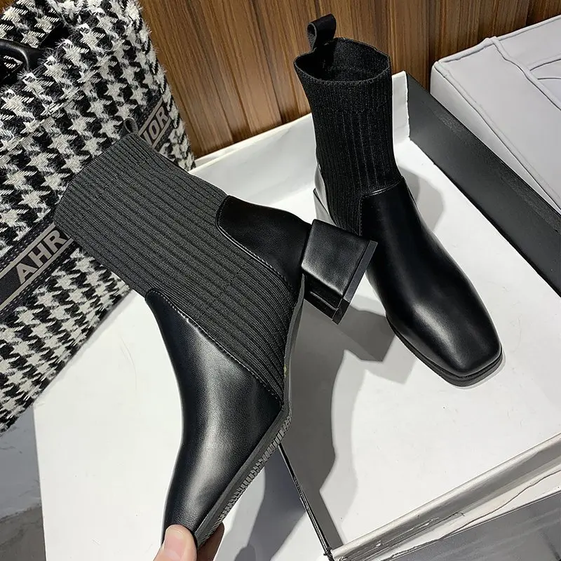 

Autumn Ankle Boots Luxury Sock Boots Chunky Winter Shoes Brand Designer Stretch Fabric Slip On Square High Heels Women Boots