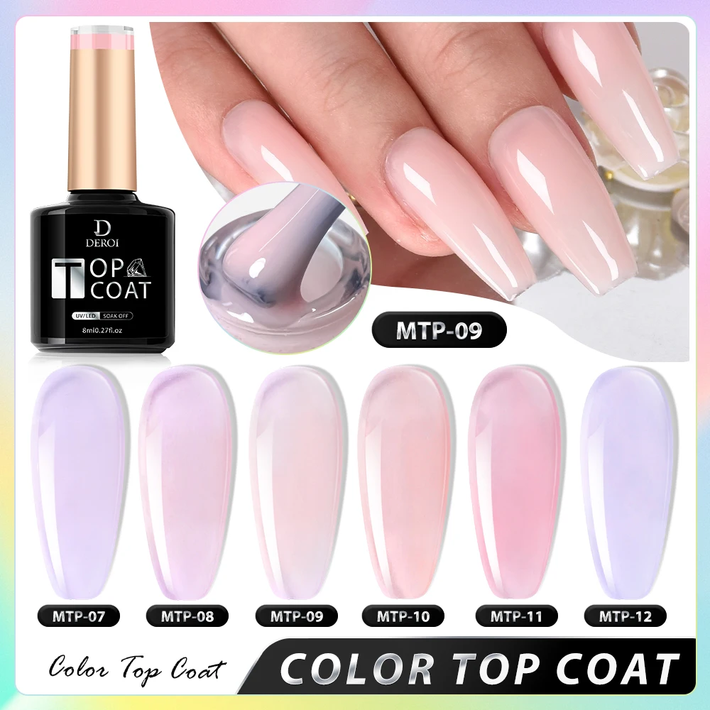 DEROI 8ml Solid Top Coat Glitter No Wipe Gel Top Coat Rubber Base Coat Soak Off Manicure Semi Permanent Clear Nail Polish UV/LED 2