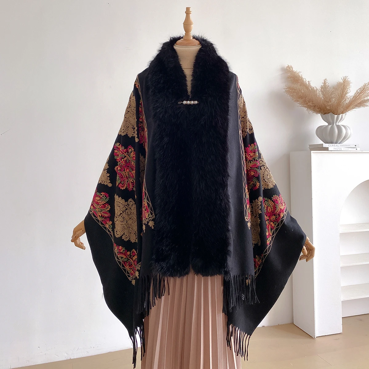 Elegant Embroidery Style Faux Fur Cape Women Winter Knit Jacquard Shawl Coat Party Dress Wraps Cloak Thicken Fleece