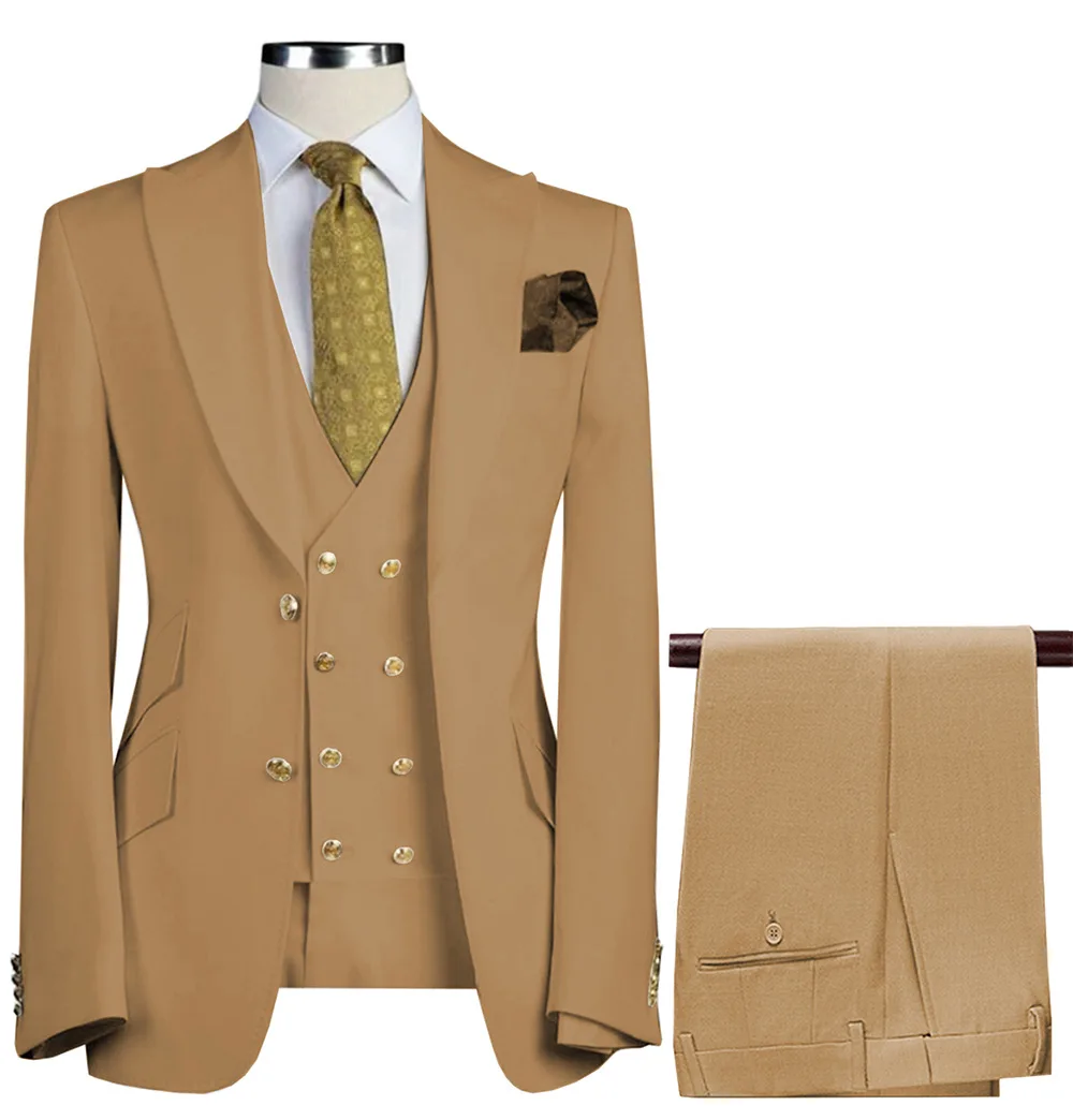 Formal Suit Lansboter Khaki Men's 3 Pieces Slim Fit Business Banquet Dress Wedding Groom Jacket Vest With Pants