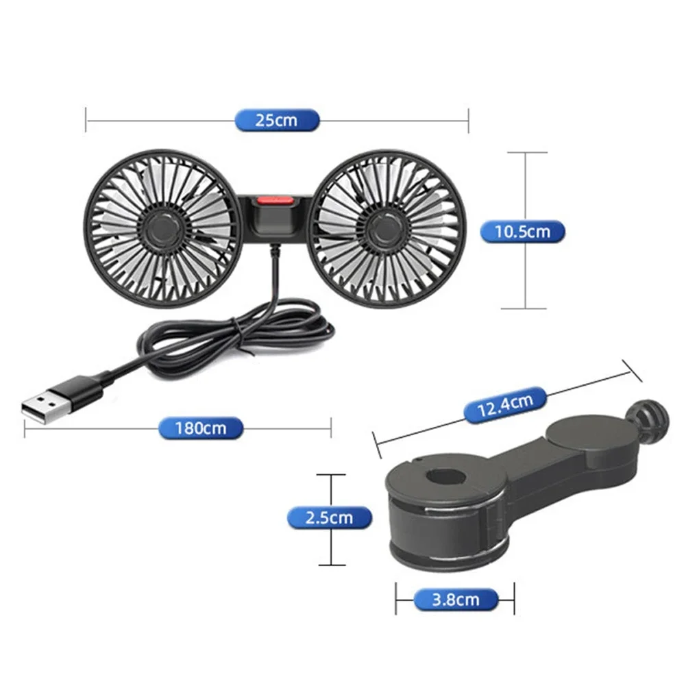 3-speed Car Seat Back Cooling Fan USB Charge Dual Head Fan 360 Degree Rotation Neck Cooler For Vehicle SUV For Auto Sedan 12/24V