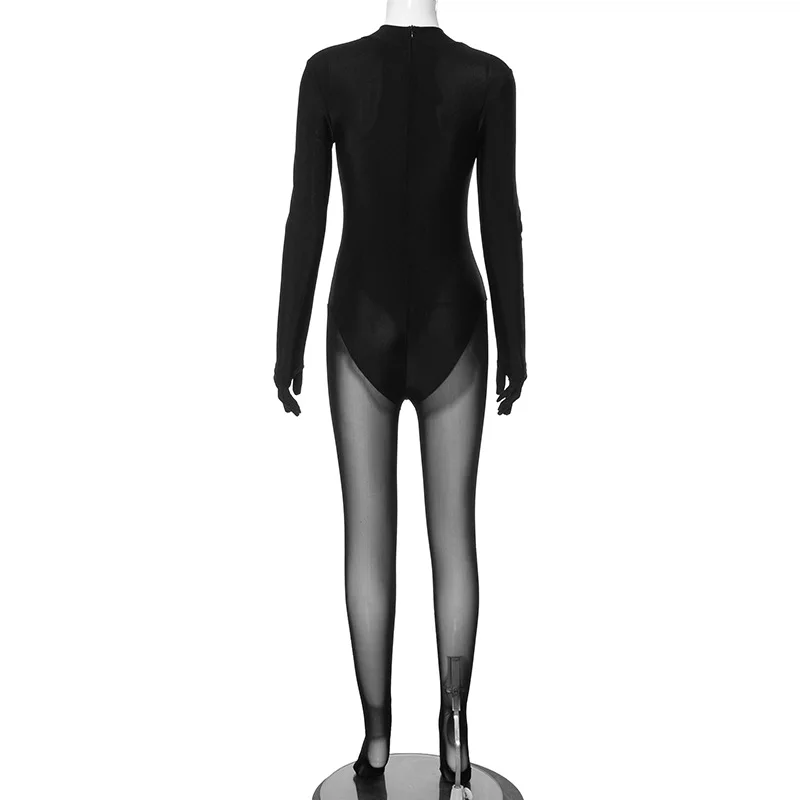 Women Sexy Club Mesh Patchwork Skinny Jumpsuits See Through Bodycon One Piece Glove Dancing Attire Hipster Streetwear Outfits
