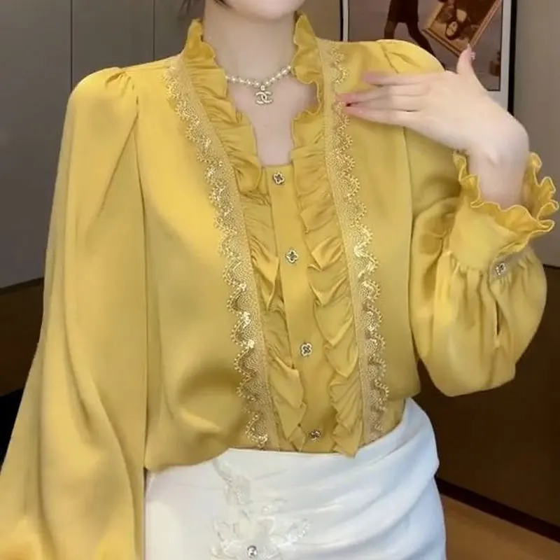 

Women's Clothing Commute Solid Color Blouse Summer Korean Straight Stylish Ruffles Patchwork Elegant Lace Single-breasted Shirt