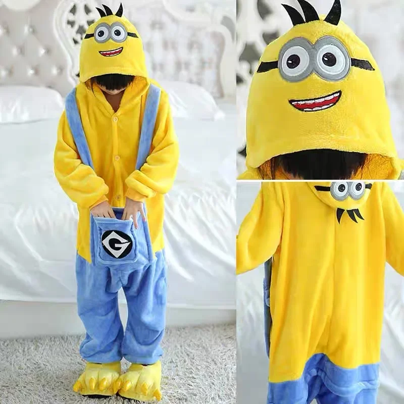 Minions Kigurumi Flannel Zipper Onesie Cosplay Anime Costume Halloween Winter Pajamas Halloween Christmas Family Clothing