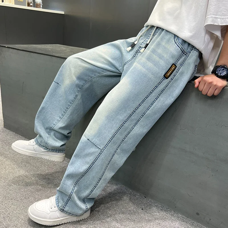 Calças Jeans Infantis para Meninos e Meninas 110-170cm, Calças de Denim Largas com Cintura Elástica, Moda Casual de Rua, Calças Infantis Primavera Outono 2026