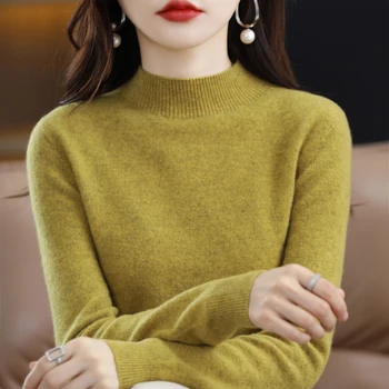 100% 퓨어 울 하프넥 풀오버, 캐시미어 스웨터, 캐주얼 니트 탑, 여성 코트, 19 색, 가을 겨울 신상