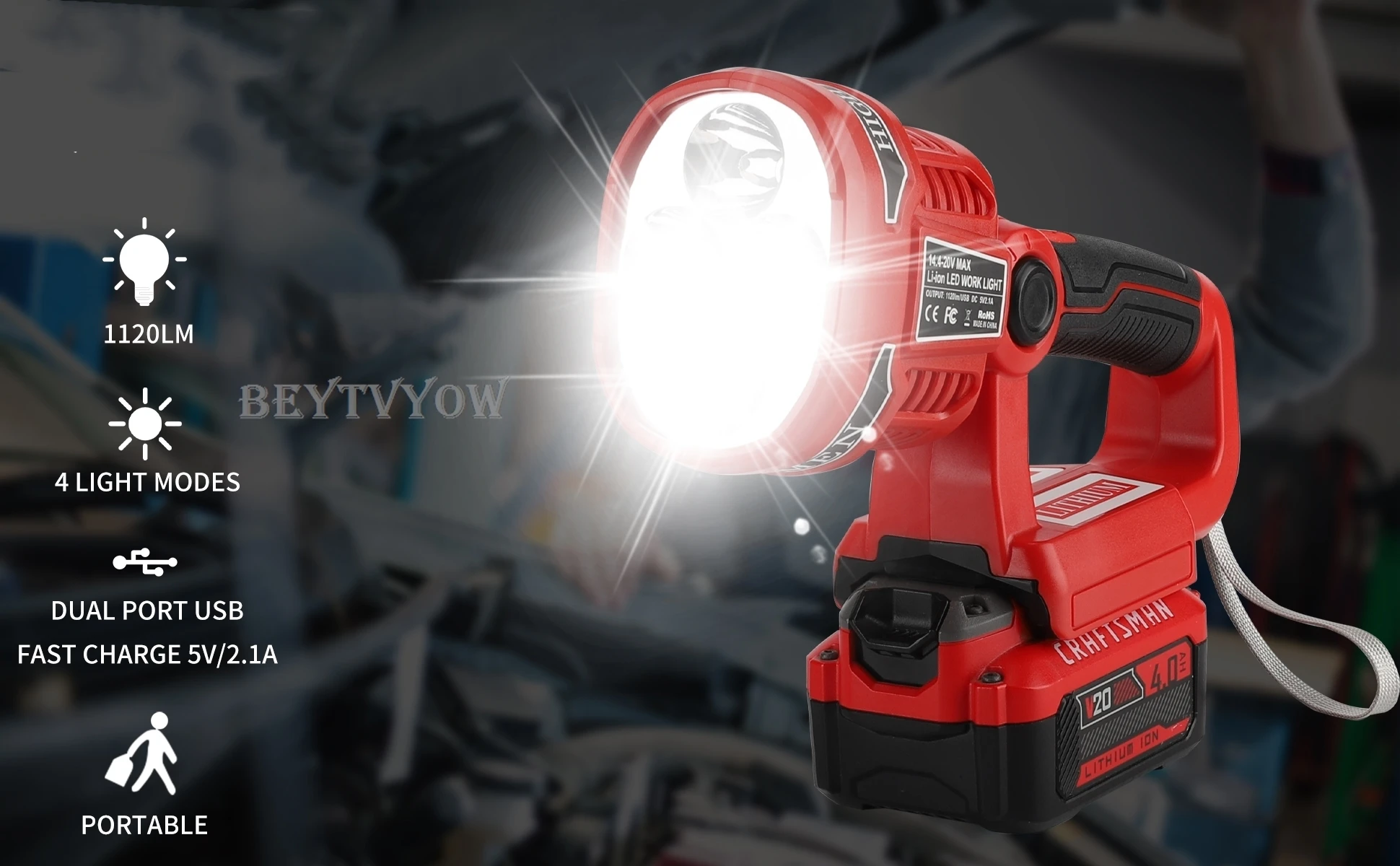 Cordless 1120LM LED Work Light for Craftsman V20 Battery 12W Portable Rechargeab