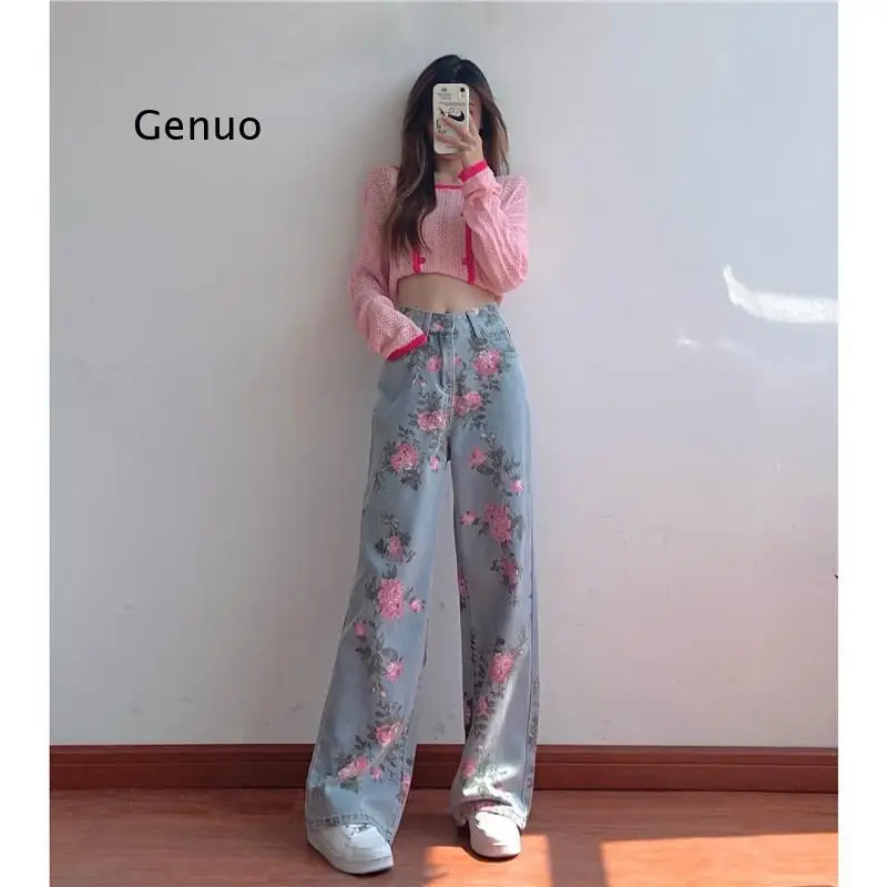 

Женские винтажные джинсы с цветочным принтом, прямые широкие брюки с высокой талией, Y2K