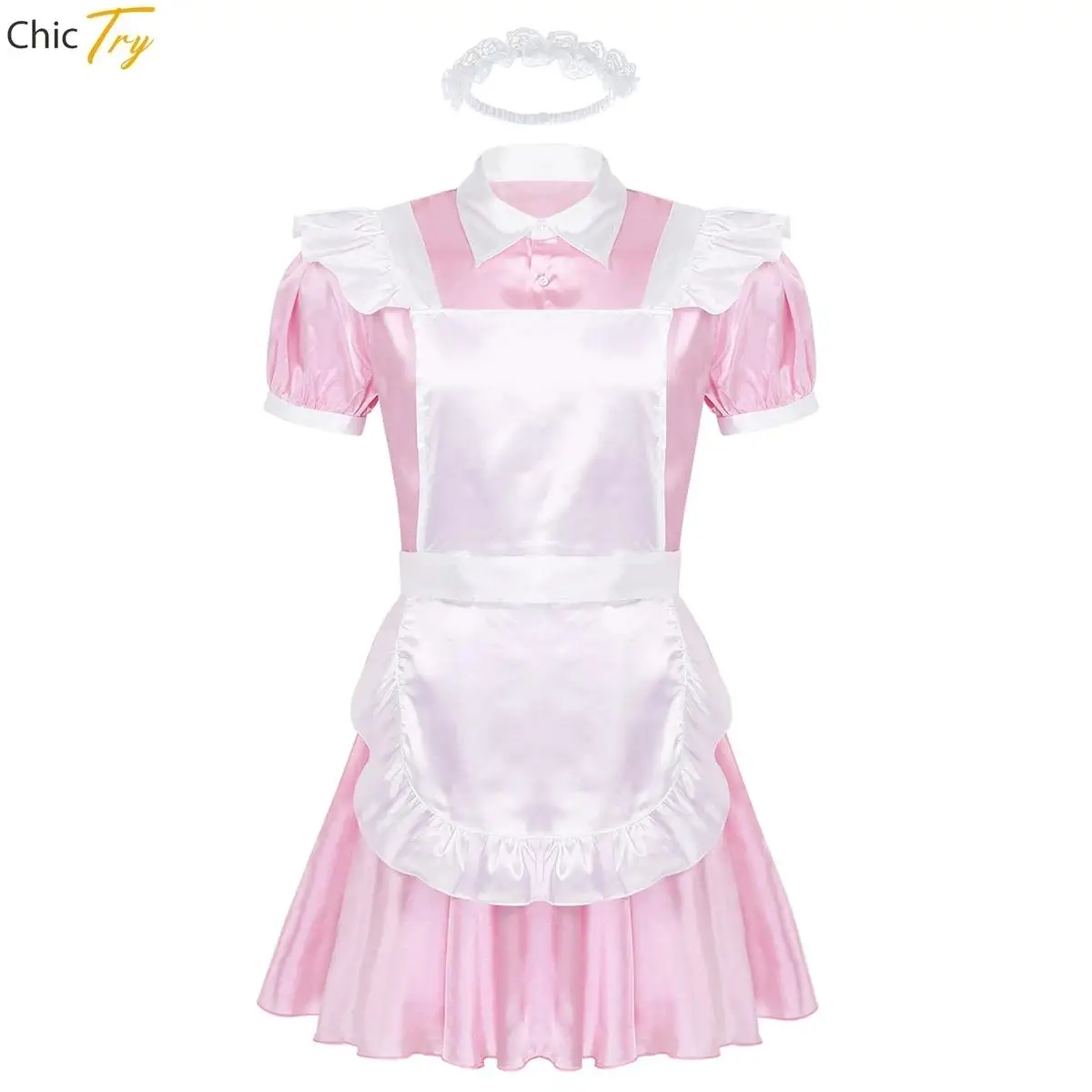 

Мужской сексуальный костюм для косплея французской горничной, сатиновый французский фартук, горничная, служанка, мини-платье бэйбидолл, костюм на Хэллоуин, Порно и Эротика