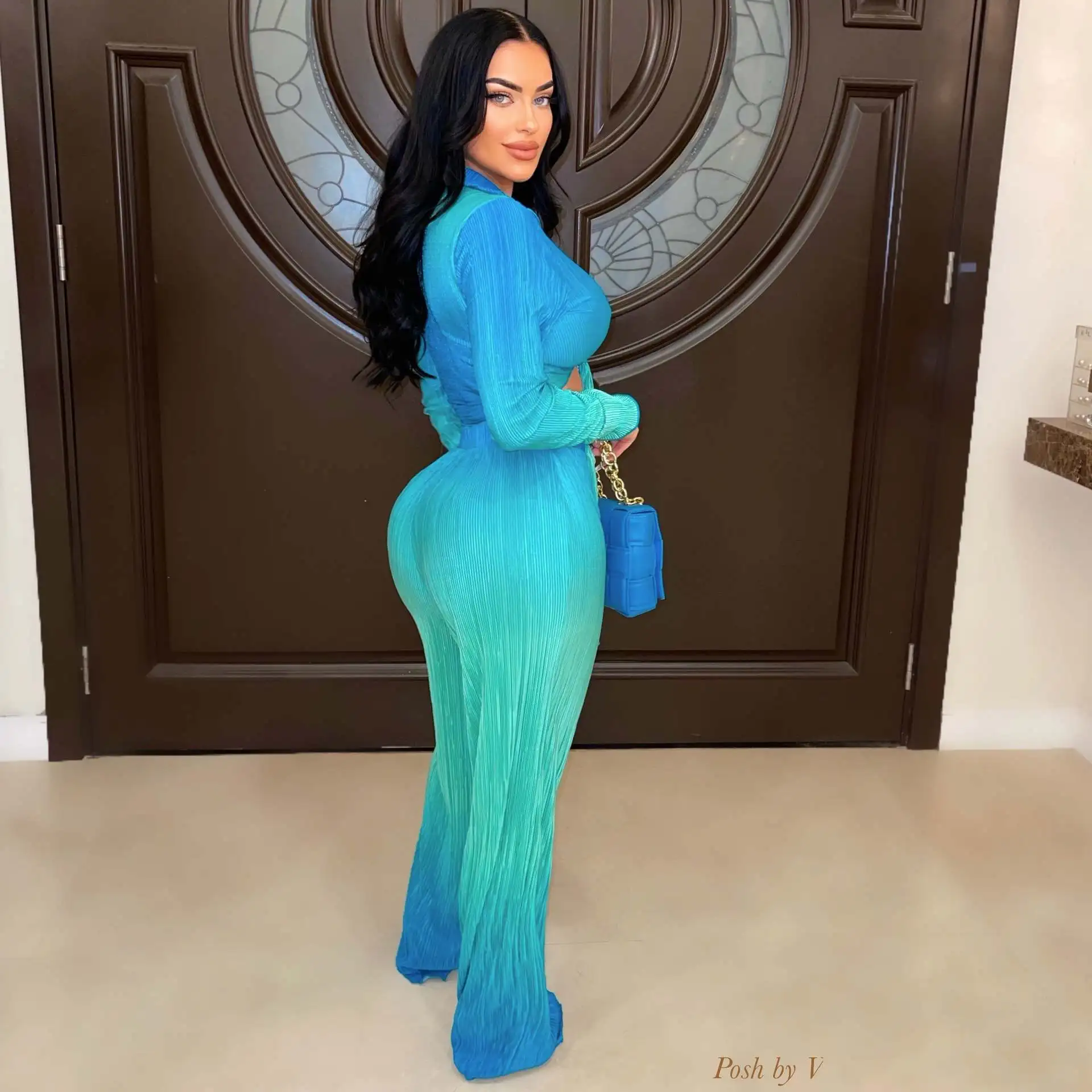Women Autumn Long Sleeve Shirt 2 Piece Set Gradient Deep V Tops Straight Pants Suit Ladies Elegant Outfits Trousers Matching Set