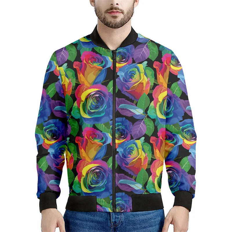 thumbnail image 1 of Chaqueta con cremallera y estampado de flores de rosas para hombre, con plantas 3D, mangas largas, para primavera y otoño, chaquetas de gran tamaño, abrigos, ropa de calle, 1 of 4