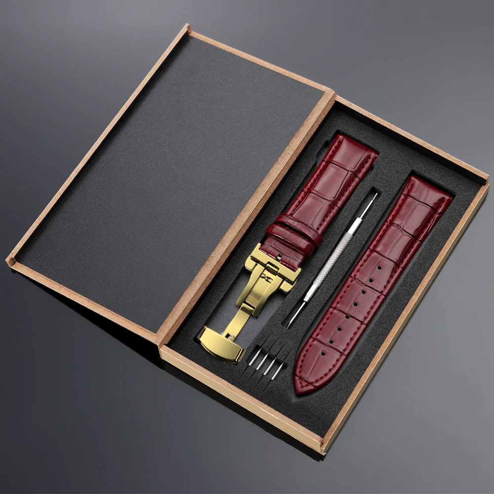 Vintage Leather Watch Band with Wooden Box and Butterfly Clasp
