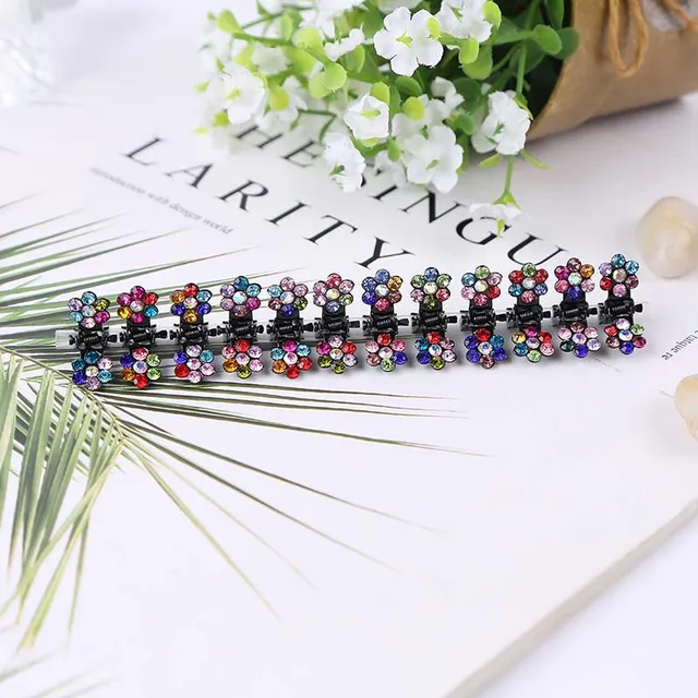 ncmama 12pcs/set Mini Rhinestone No-Slip Grips Hair Clips for Women Girls Glitter Teeth Metal Clamps Flower Hair Accessories 8