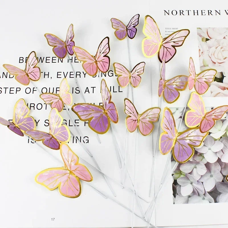Cake Topper 20pcs Stamping Gold Pink Butterfly for Princess Girl Wedding Birthday Party Dessert