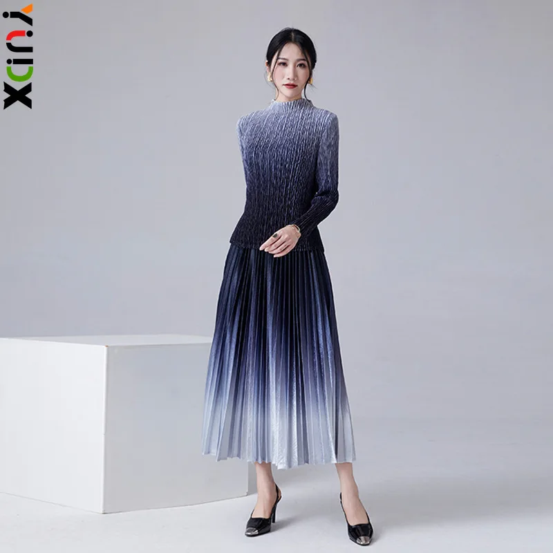 

YUDX Miyake 2024 Spring New Miyake Pleated Set Gradient Long Sleeved Tops&High Waist A-line Fold Skirt Women's Two Piece Sets