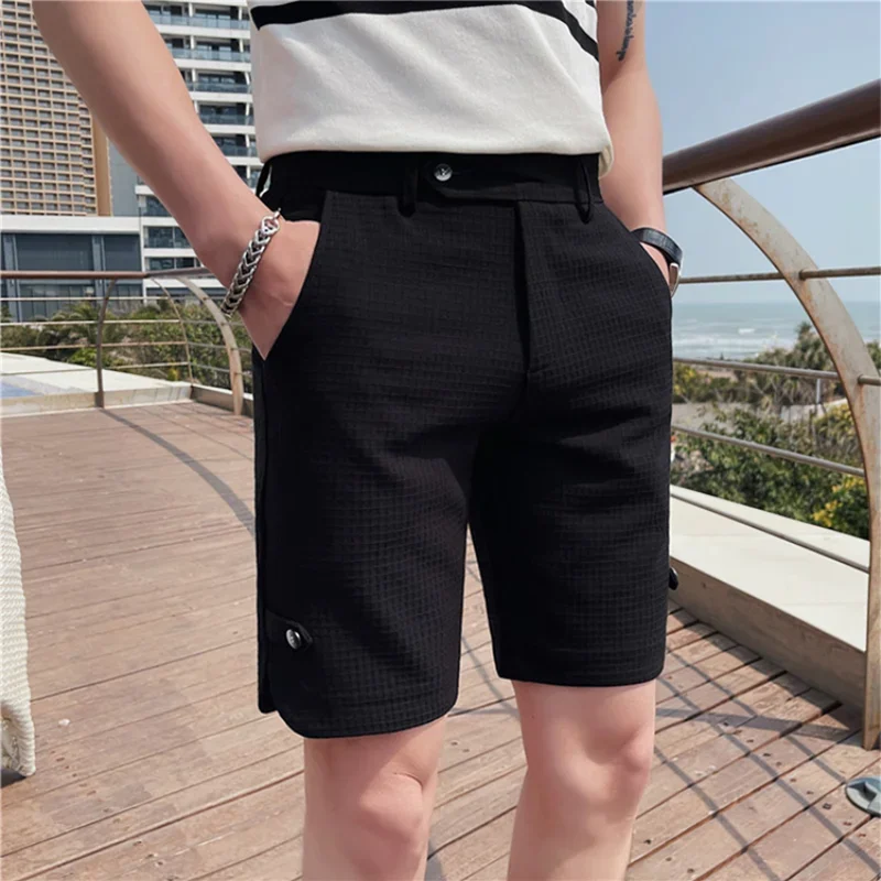 Men Summer Shorts Casual Waffle Korean Plaid Shorts Fashion