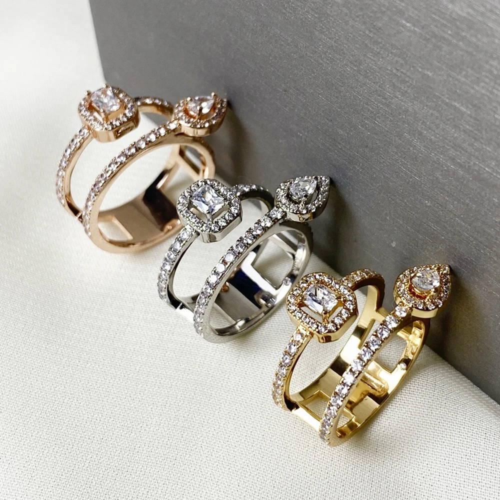 

2022 Double Ring Ring With Square And Water Drop Diamond For Women Party Famous Jewelry Fashionable And Stackable.