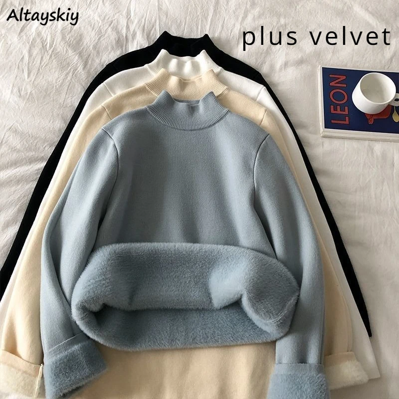 

Thicker Pullovers Women Mock Neck Basic Long Sleeve Sweater Winter Knitted Thermal Keep Warm Fashion Harajuku Daily Ins