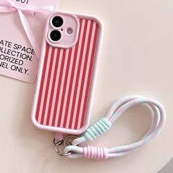 Stripe Pattern Wrist Chain Case with Lanyard Cover for Poco C55 (PinkSS - JSS114)