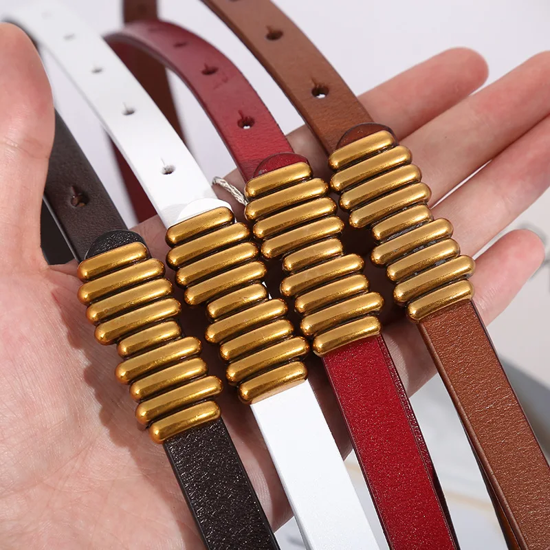 

Gold Button Narrow Cowhide Belts for Women Dress Decorative Fashion Trend Ins Wind Designer Leather of High Quality Belt Women