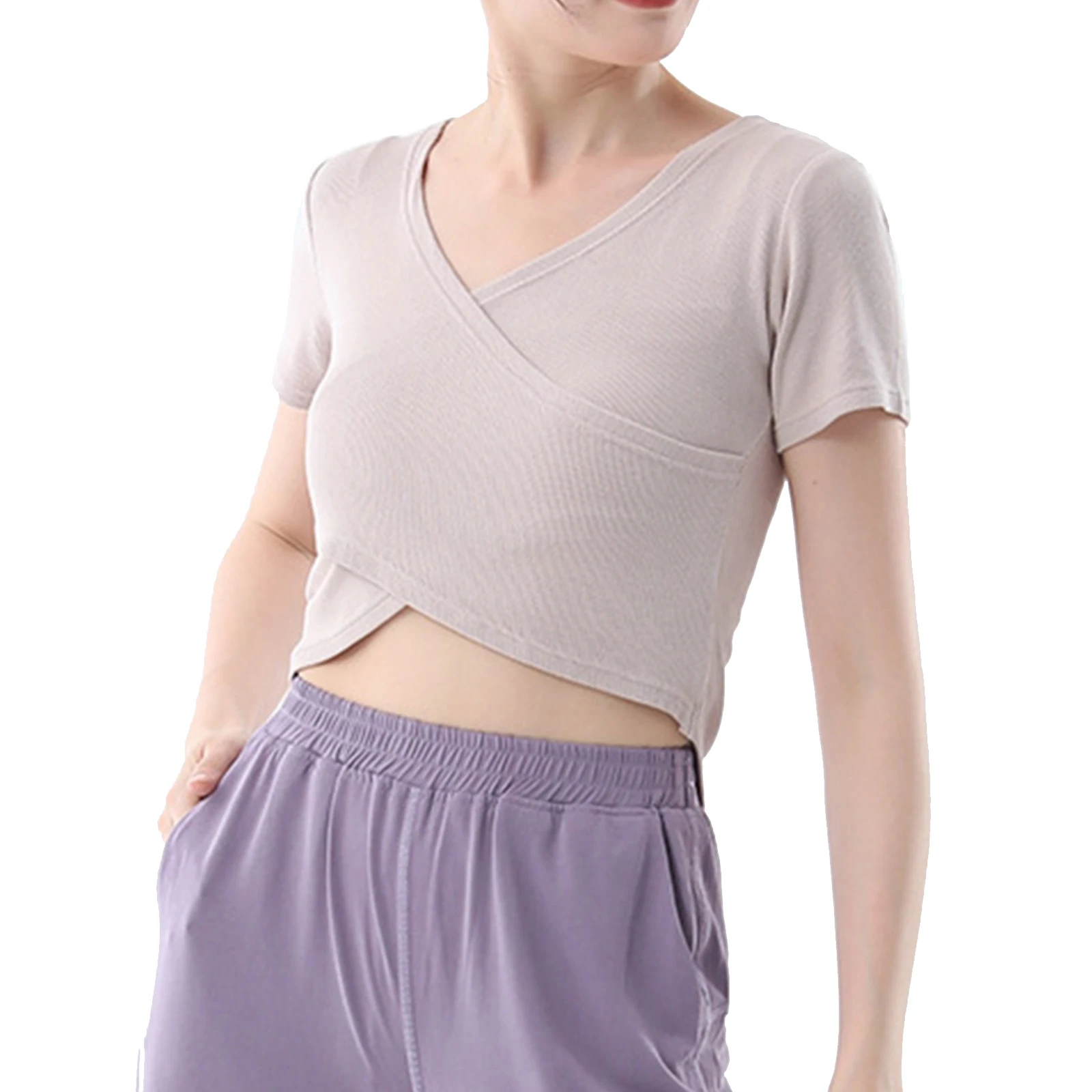 Womens Ballet Warm Up Training V-neck Dance Tops Solid Color Irregular Hem Short Sleeve Yoga Crop Top for Gymnastics Fitness