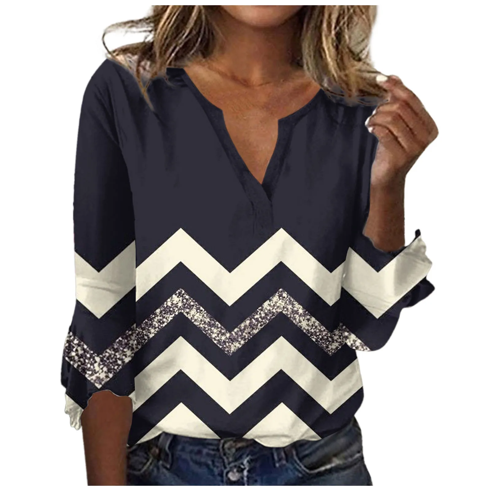 

Womens T Shirts Summer 3/4 Sleeve V Neck Zigzag Print Loose Casual Comfortable Female Tops Tees Ladies Clothes 2024 New